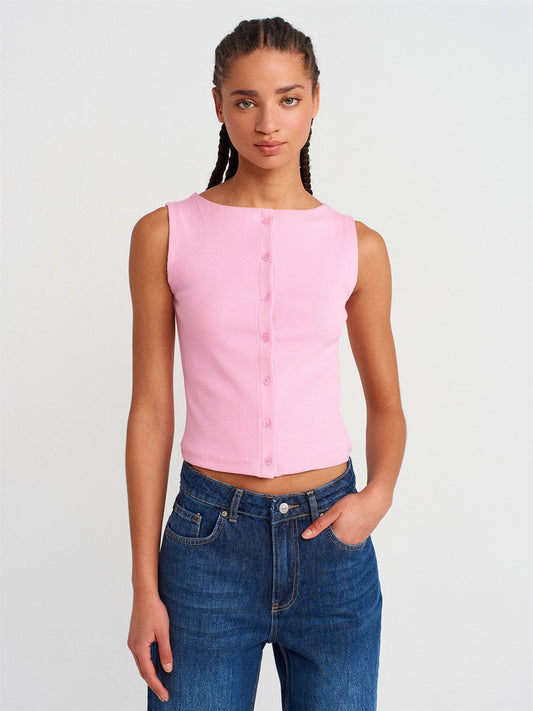 Kayık Yaka Düğmeli Kolsuz Top Beyaz