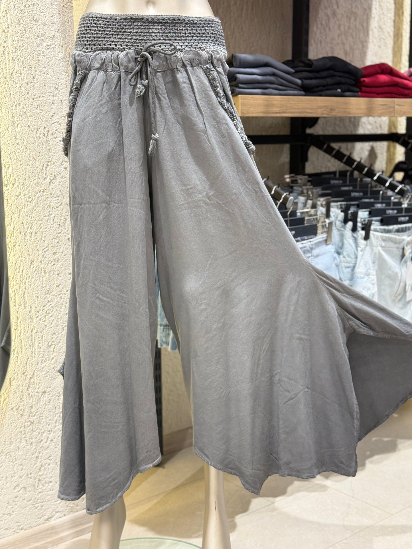 Otantik Asimetrik Paça Pantolon İp Dokuma Püsküllü Cep