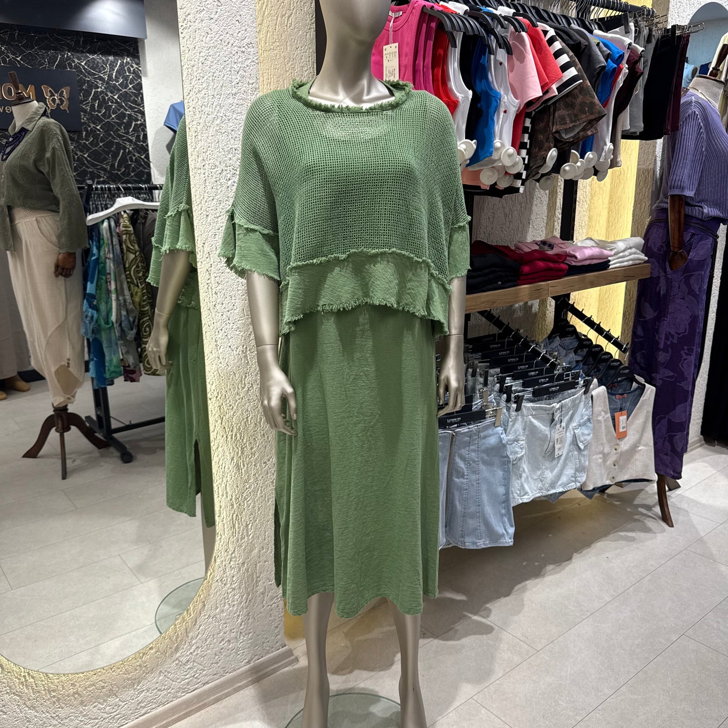 “Efil Zarafet” Saçak Detaylı Fileli Keten Elbise