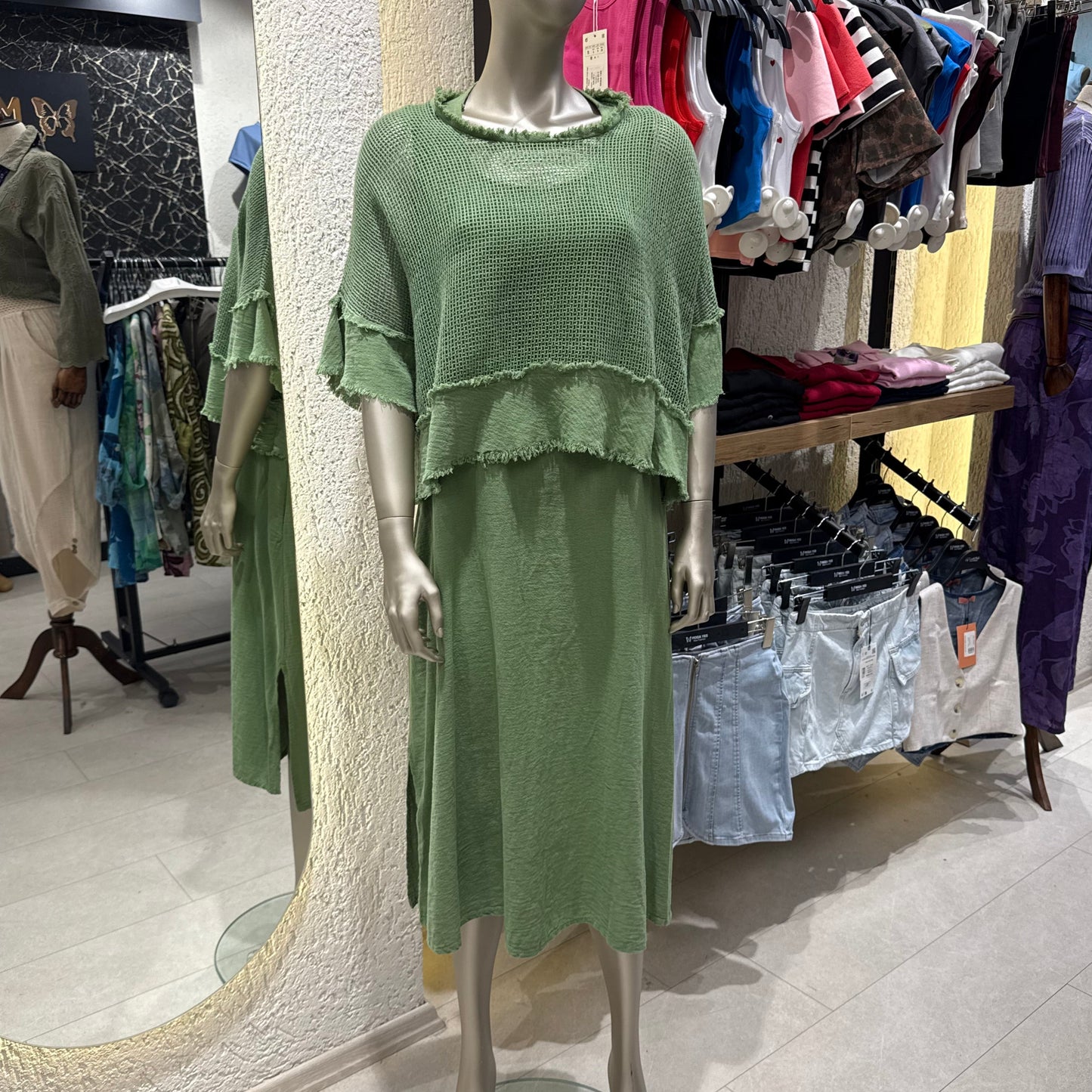 “Efil Zarafet” Saçak Detaylı Fileli Keten Elbise