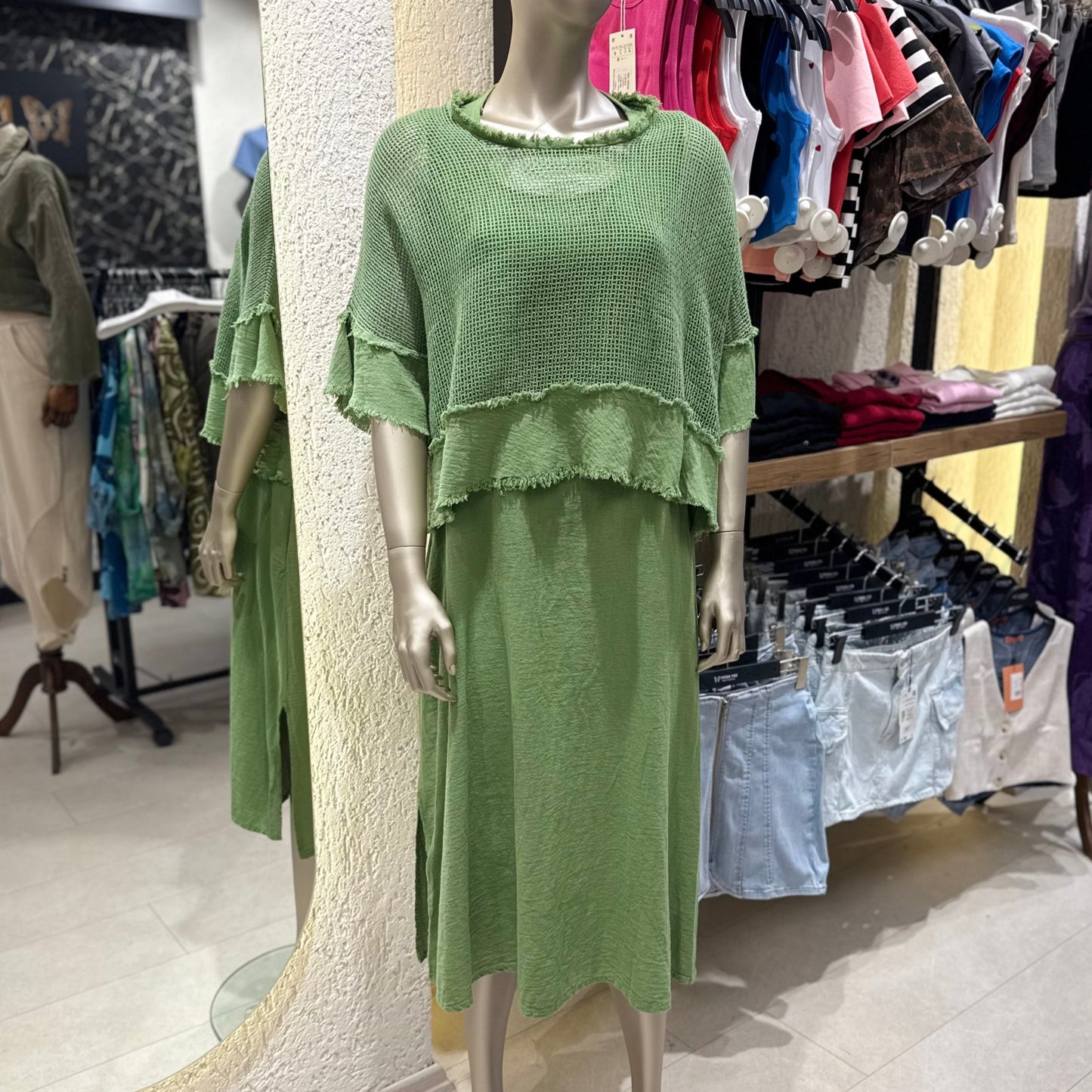 “Efil Zarafet” Saçak Detaylı Fileli Keten Elbise