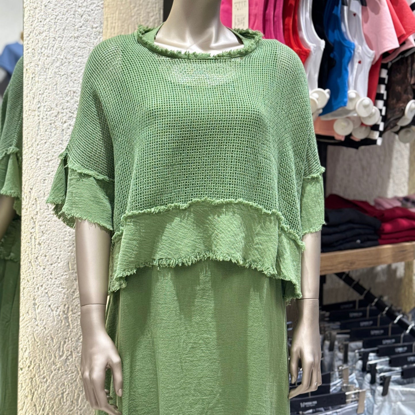 “Efil Zarafet” Saçak Detaylı Fileli Keten Elbise