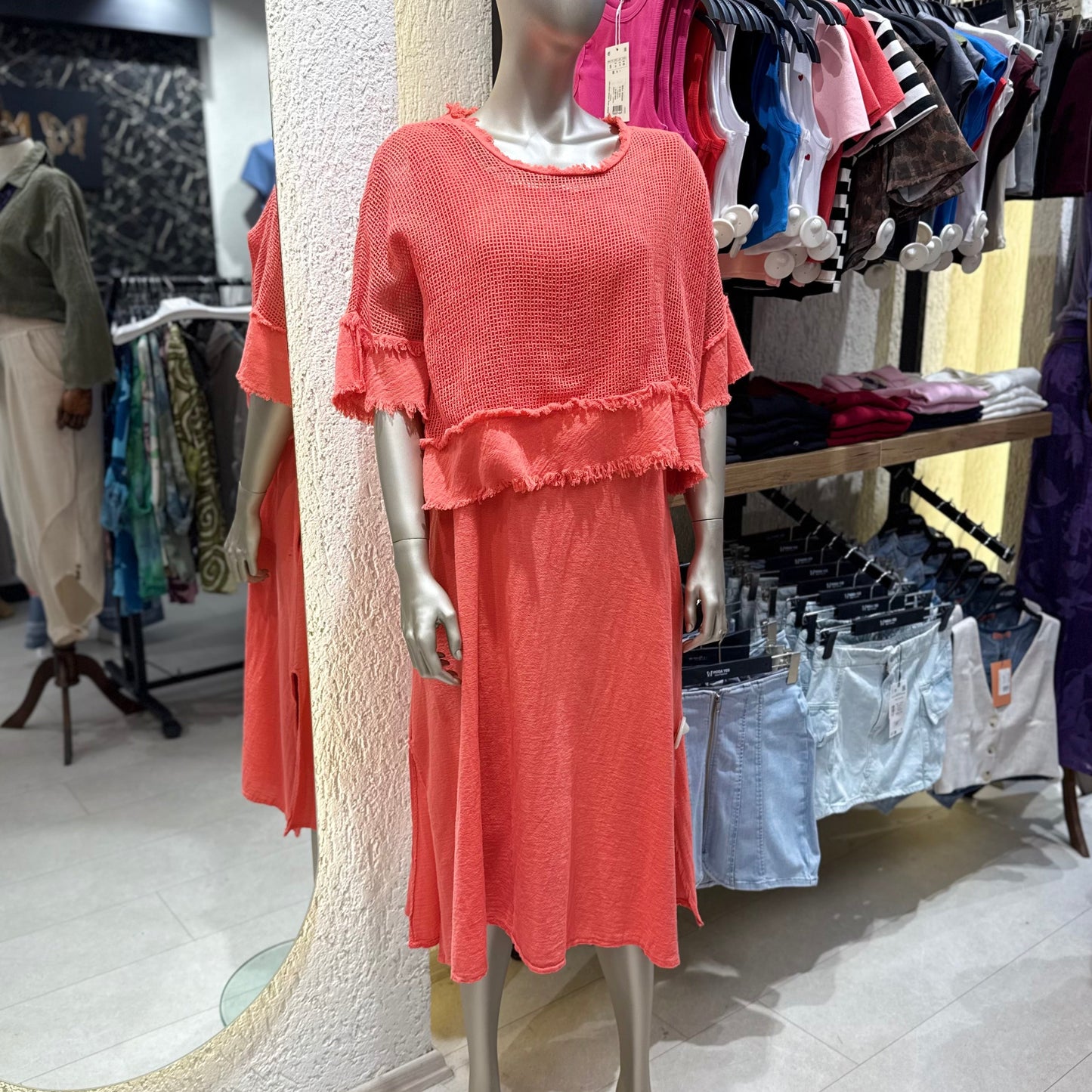 “Efil Zarafet” Saçak Detaylı Fileli Keten Elbise