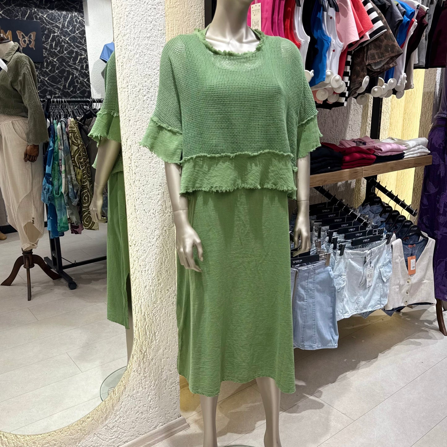 “Efil Zarafet” Saçak Detaylı Fileli Keten Elbise